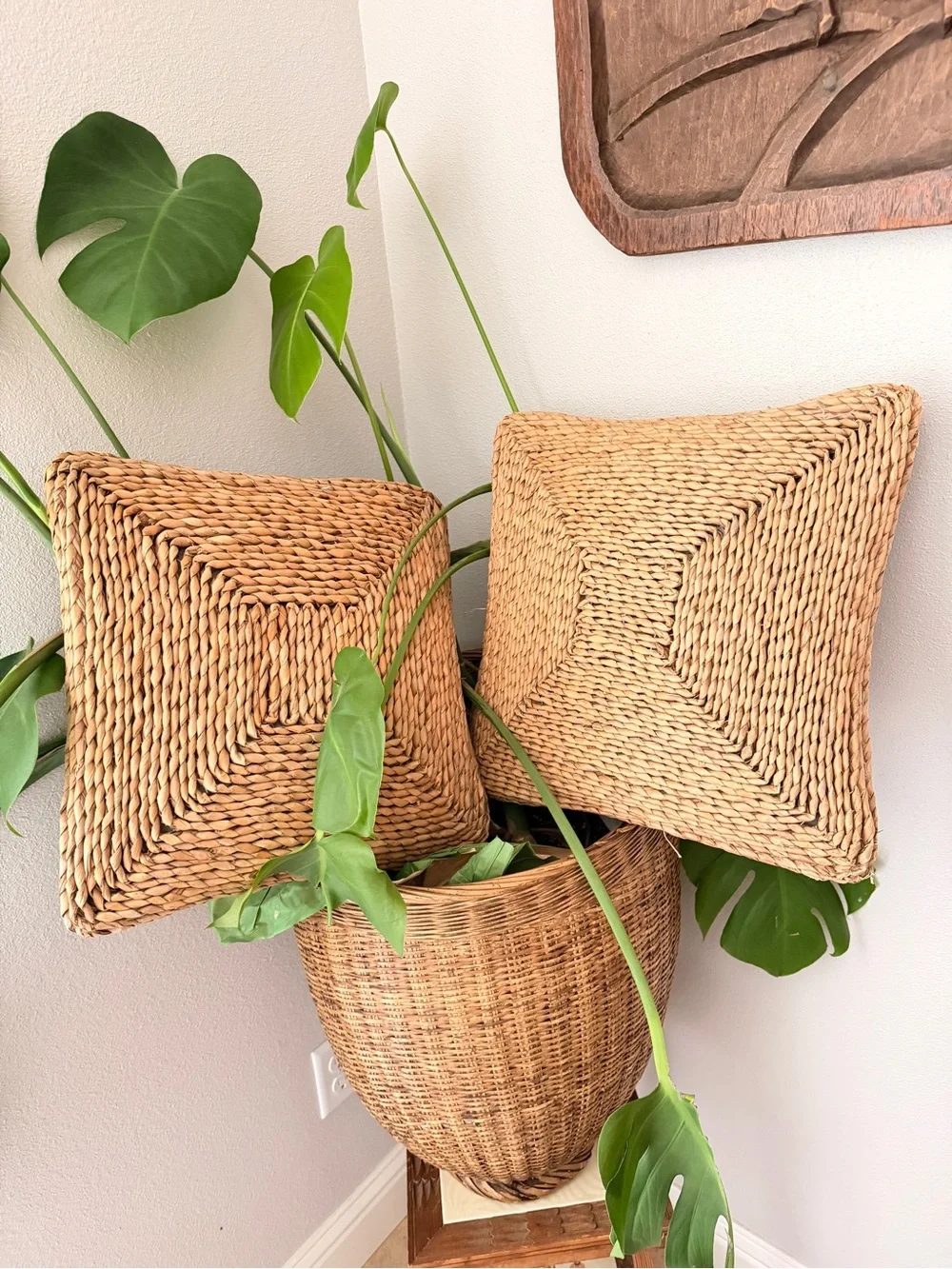 Set of 2 Handmade Woven Straw Tatami Floor Cushions 15” Square
